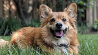 Happy brown mixed breed dog with fluffy fur and pointed ears lying on green grass in backyard garden, showing friendly smile and cheerful expression.