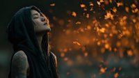 Young woman with dreadlocks and tattoos in profile against dark background with glowing embers floating in air, creating mystical atmosphere.