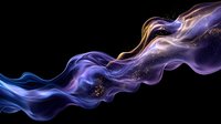 Ethereal flowing smoke waves in purple and blue hues with golden accents against black background, creating mystical abstract art pattern with sparkling particles.