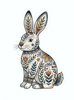 Decorative rabbit with intricate floral and geometric patterns in earthy tones, isolated on white background. Suitable for textile design, home decor, children's illustrations, and craft projects.