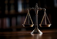 Decorative scales of justice on wooden surface with dramatic lighting and blurred law library background, symbolizing legal system, judgment and equality.