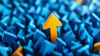 Yellow arrow rising among blue arrows, leadership concept on blue background showing business growth, success and standing out from crowd.