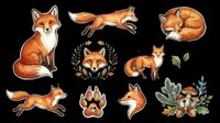 Watercolor fox clipart set with cute red foxes in various poses, paw print, floral wreath, and mushrooms, isolated on transparent background for stickers and print.