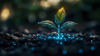 Young green sprout growing from soil with magical glowing blue particles, symbolizing growth, innovation and environmental sustainability in dark background.
