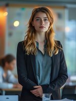 Young professional woman with blonde hair wearing business attire stands confidently in modern office setting with soft bokeh lighting and blurred background. Suitable for corporate media.