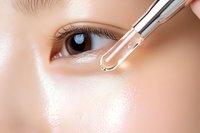 Glass dropper applying transparent serum near eye area on smooth Asian skin, demonstrating skincare routine and beauty treatment application technique.