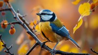 Blue tit bird perched on branch with autumn berries and yellow leaves, vibrant blue and yellow plumage against blurred orange background.
