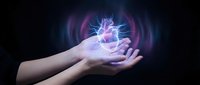 Hands holding glowing energy orb with electric lightning effects on dark background for technology and power concepts.