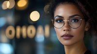 Young African American businesswoman with glasses in modern office environment with warm bokeh lighting effects.