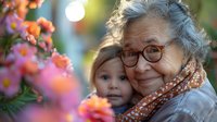 Senior woman with glasses embracing young child among pink flowers, creating warm intergenerational moment in soft natural light.