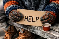 Homeless person in warm knitted gloves holding cardboard sign asking for help, with disposable cup for donations on wooden bench. Social issues concept.