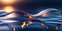 Abstract flowing metallic wave forms with golden light reflections on rippled water surface creating dynamic curves and modern luxury background effect.