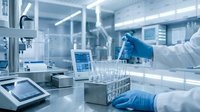 Laboratory scientist in blue gloves conducting research with test tubes in modern sterile facility. Professional medical testing environment for pharmaceutical development.