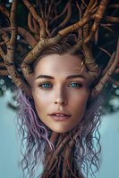 Mystical portrait of a young woman with striking blue eyes and purple hair emerging from twisted tree branches against turquoise background, creating surreal nature fusion.