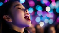 Young Asian woman laughing with joy against vibrant bokeh lights background in purple and blue tones, expressing genuine happiness and celebration mood.