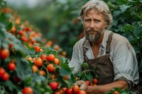 Senior Caucasian farmer with gray beard and hair wearing brown apron harvesting ripe tomatoes in greenhouse. Organic farming and sustainable agriculture concept.