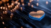 Glowing heart shape on circuit board with blue light and bokeh effects creates futuristic technology concept for artificial intelligence and innovation.