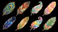 Colorful watercolor feathers set isolated on transparent background, ready for stickers, t-shirt design, print on demand, clipart, and sublimation projects.