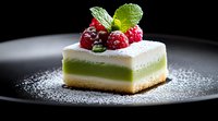 Elegant layered dessert with matcha green tea and vanilla cream topped with fresh raspberries and mint leaves on black plate, dusted with powdered sugar.