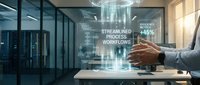 Businessman interacts with glowing holographic interface showing streamlined process workflows and efficiency metrics in modern office.