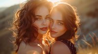 Two young women with dark curly hair in warm sunset lighting, perfect for beauty, fashion, or lifestyle advertising. Natural golden hour portrait showcasing friendship and feminine beauty.