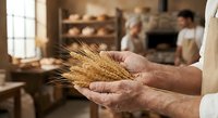 Baker holding fresh wheat stalks in traditional bakery with artisan bread making in background showcasing organic grain to table process.