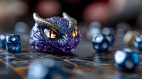 Purple dragon head with glowing amber eyes surrounded by blue gaming dice on fantasy tabletop map, macro photography with selective focus.