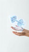 Hand holding glowing holographic dumbbell with digital wireframe effect on white background. Fitness technology concept for gym, workout, and training applications.