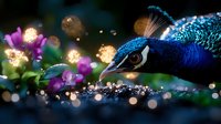 Peacock with vibrant blue plumage and iridescent feathers perched among glowing purple flowers and bokeh lights, creating a magical, enchanted garden atmosphere.