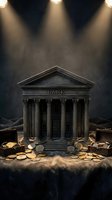 Classical bank building with columns surrounded by scattered coins under dramatic spotlights for financial and investment concepts.