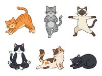 Playful cats in various poses and colors isolated on white background, ready for design projects, greeting cards, children's books, and merchandise applications.