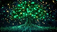 Glowing digital tree with network roots and bright particles against dark background, representing technology growth and digital transformation in modern business.