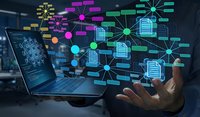 Business professional managing digital document network with colorful data visualization flowing from laptop screen in modern office environment.