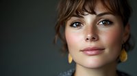 Young Caucasian woman with short brown hair and bangs wearing yellow earrings against dark background. Natural makeup and warm lighting create intimate portrait.