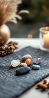 Healing crystals and stones on dark textile with burning candle creating peaceful meditation atmosphere. Wellness and spiritual healing concept.