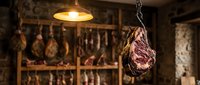 Aged meat hanging in rustic butcher shop with warm pendant lighting, cured ham and traditional charcuterie production environment for culinary and food industry use.