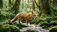 Red fox walking through mossy forest woodland with dense green vegetation and natural habitat surroundings.