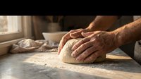 Male baker hands kneading fresh dough on flour-dusted wooden surface in rustic kitchen with warm sunlight, artisan bread making process.