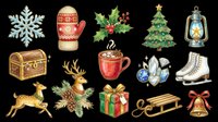Festive holiday collection featuring snowflake, mittens, holly, decorated tree, lantern, treasure chest, reindeer, hot cocoa, ornaments, ice skates, gift box, sleigh and bell. Isolated on transparent background, ready for t-shirts, clipart, stickers and print-on-demand designs.