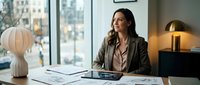 Female professional with long dark hair and olive complexion, wearing a taupe blazer, seated at modern office desk with architectural plans, tablet, and pendant lamp, gazing thoughtfully toward window with city skyline view.