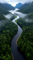 Meandering river flows through misty mountain valley with dense rainforest, morning fog hovering over winding waterway surrounded by lush green wilderness landscape.