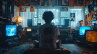 Young African American woman sitting on floor in dimly lit room with multiple computer screens, gaming setup, and ambient lighting creating cyberpunk atmosphere.