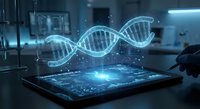 Futuristic DNA double helix hologram emerging from digital tablet in modern laboratory setting with scientist hand interaction for genetic research applications.