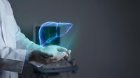 Medical professional displaying holographic liver model for healthcare education and diagnostic consultation in modern clinical setting.