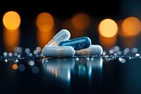 Medical capsules with blue and white colors on reflective dark surface with golden bokeh lights creating atmospheric pharmaceutical composition.