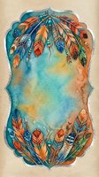 Watercolor boho feather frame with ornate decorative border on textured background for spiritual wellness design projects and bohemian art applications.
