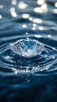 Macro photography of water drop impact creating crown splash formation with bokeh light effects on blue water surface, captured with high-speed technique.