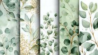 Watercolor eucalyptus branches with gold accents on light green background, elegant botanical seamless pattern for wedding invitations and home decor.