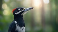 Majestic woodpecker with distinctive black feathers and red crown against blurred natural forest background, side profile showcasing sharp beak and striking markings.
