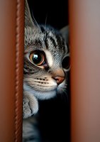 Curious tabby cat peeking through gap with intense amber eyes and detailed whiskers, dramatic lighting creates mysterious mood against dark background.